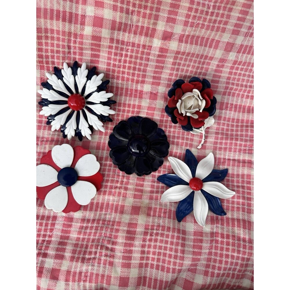 Red White & Blue Enamel Flower Pins Vintage Lot - Picture 12 of 16